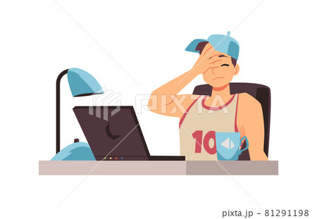 Disappointed upset man or teen with laptop, flat vector illustration isolated. 81291198