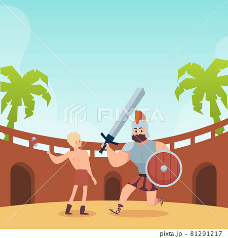 Battle of young king David and giant Goliath, flat vector illustration. 81291217