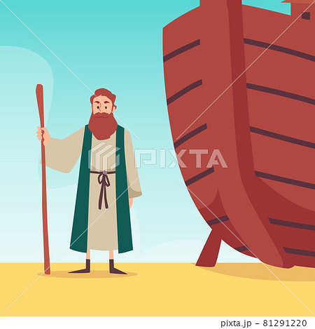 Bible banner with Noah standing near his ark, flat vector illustration. 81291220