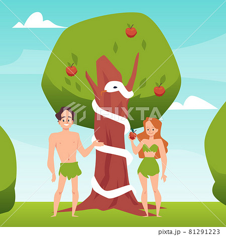 Temptation of Adam and Eve with forbidden fruit, flat vector illustration. 81291223