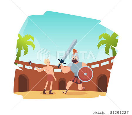 Scene of fight of giant warrior goliath and young david. 81291227