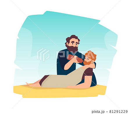 Scene of bible christian parable about good samaritan help to injured man. 81291229