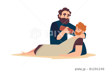 Bible christian parable about good samaritan help to injured man. 81291240