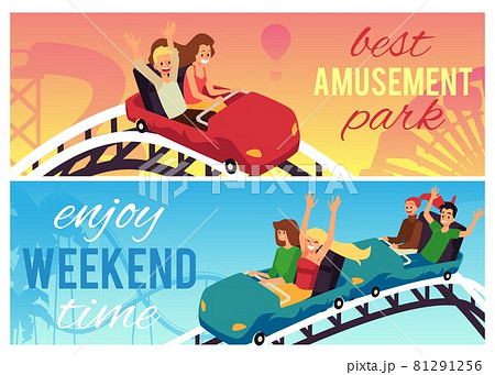 Friends ride roller coaster in amusement park on colored background 81291256