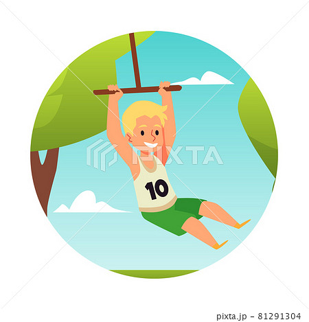 Boy is swinging on a bungee in summer park in afternoon in flat style Boy is swinging on a bungee in summer park in afternoon in flat style 81291304