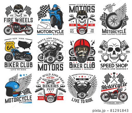 Motorsport racing, bikers club and service icons 81291843
