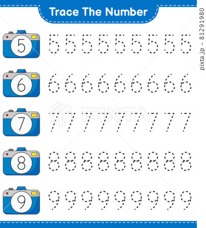 Trace the number. Tracing number with Camera. Educational children game, printable worksheet, vector illustration 81291980