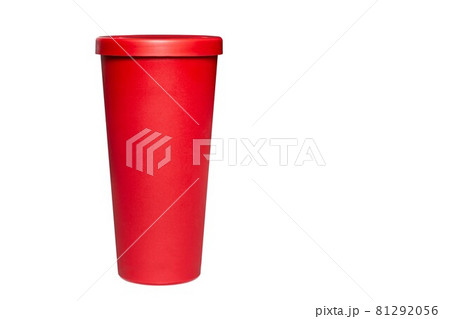 Red plastic cup isolated on a white background with clipping path. Glass for cold coffee. 81292056