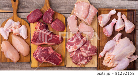 Assortment of raw meat . chicken beef and pork . 81292158