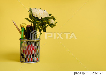 Stand for pens and pencils on the desktop on a yellow background with copy space. Close-up of a metal bucket with stationery. Holder with colored school supplies and aster flower 81292672