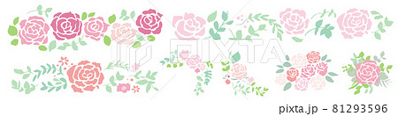 手書きタッチの薔薇イラストセット。ピンクの薔薇のベクターイラストセット。薔薇の装飾フレームセット。 81293596