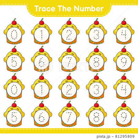 Trace the number. Tracing number with Cup Cake. Educational children game, printable worksheet, vector illustration 81295809