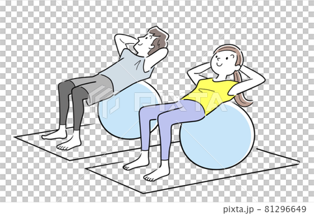 ベクターイラスト素材：バランスボールを使ってストレッチする男性と女性 81296649