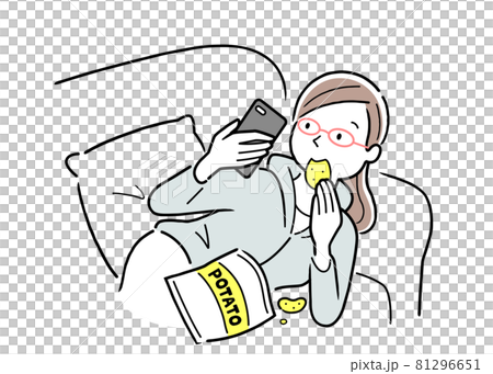 ベクターイラスト素材：ソファでお菓子を食べるだらしない女性 81296651