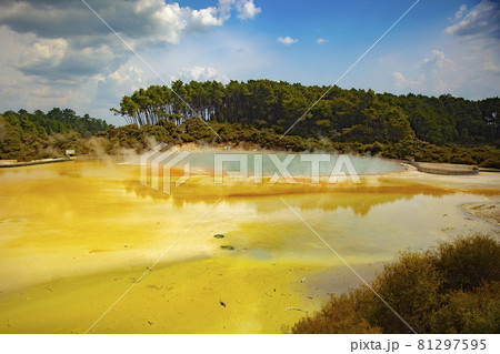 Waiotapu, also spelt Wai-O-Tapu is an active geothermal area at the southern end of the Okataina Volcanic Centre, just north of the Reporoa caldera, in New Zealand's Taupo Volcanic Zone. 81297595