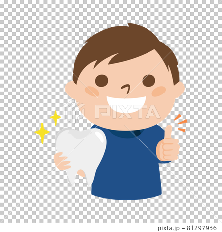 歯医者のイラスト。治療跡の歯を持って笑ってる男性歯科医。 歯医者のイラスト。治療跡の歯を持って笑ってる男性歯科医。 81297936