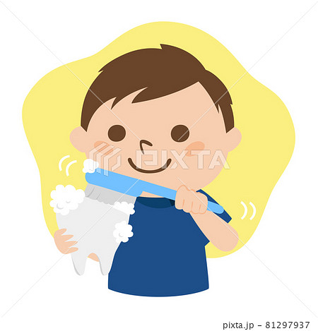 歯医者のイラスト。歯を歯ブラシで綺麗に磨いてる男性歯科医。 81297937