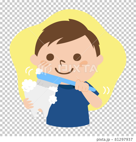 歯医者のイラスト。歯を歯ブラシで綺麗に磨いてる男性歯科医。 81297937