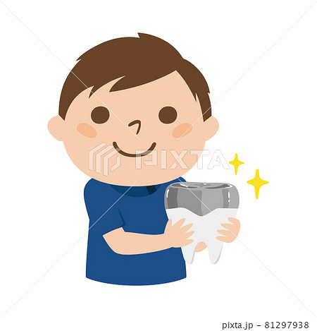 歯医者のイラスト。部分的に銀歯を被せた歯を持ってる男性歯科医。 81297938