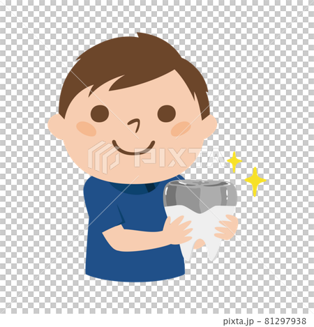 歯医者のイラスト。部分的に銀歯を被せた歯を持ってる男性歯科医。 81297938