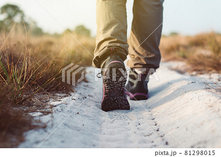 Hiking shoes woman in beautiful road trail,Hiker trekking or walking at nature 81298015