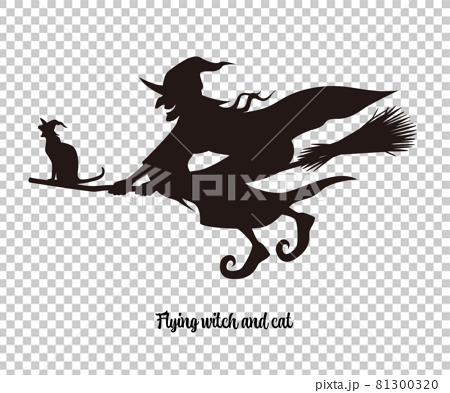 箒で空を飛ぶ魔女のシルエットイラスト素材 ベクター 黒猫 ハロウィンのイラスト素材
