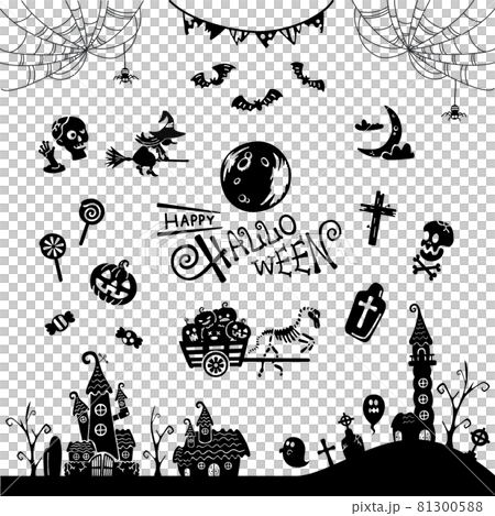 鬼和糖果的萬聖節城市景觀和剪影插圖集合 鬼和糖果的萬聖節城市景觀和剪影插圖集合 81300588