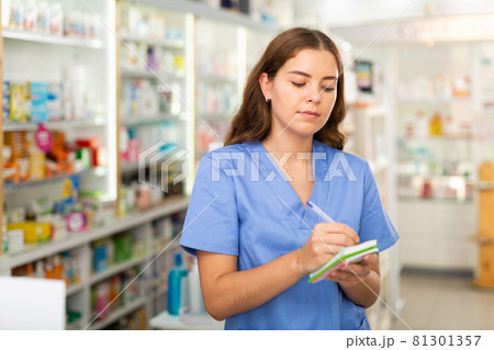 Pharmacist in drugstore with notebook Pharmacist in drugstore with notebook 81301357