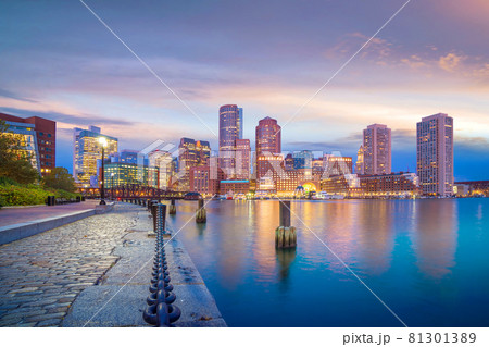 Boston Harbor and Financial District at twilight, Massachusetts 81301389