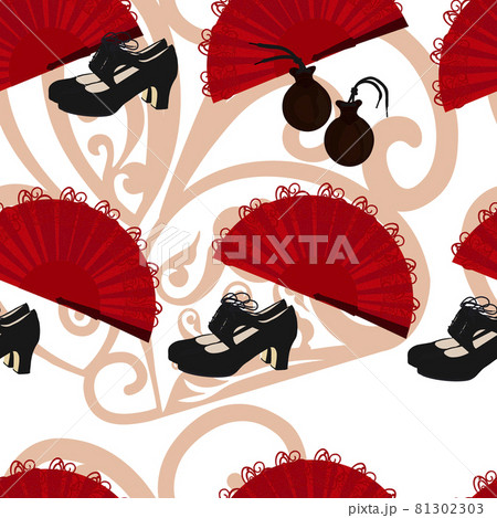 Flamenco pattern. Castanets, shoes, a weather vane. Spanish traditional music. Isolated black silhouettes on a white background. For wrapping paper. Ideal for wallpaper, surface textures, textiles. Flamenco pattern. Castanets, shoes, a weather vane. Spanish traditional music. Isolated black silhouettes on a white background. For wrapping paper. Ideal for wallpaper, surface textures, textiles. 81302303