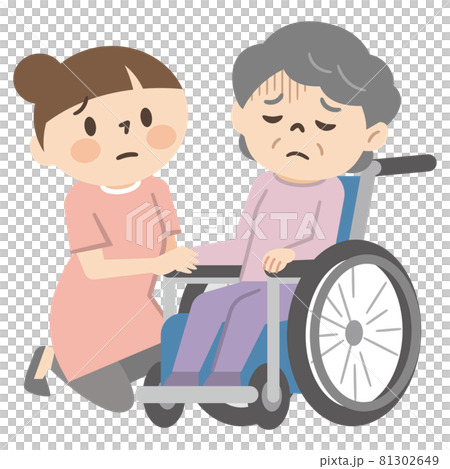 落ち込んだ感情の車椅子に乗ったシニア女性と寄り添う女性 81302649
