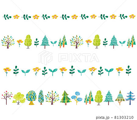 新緑ともみの木と様々な形の木のラインのイラスト素材