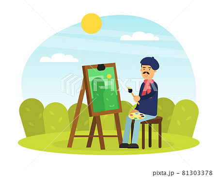 Mustached Man Artist in Beret Painting Outdoor Landscape with Drawing Easel Vector Illustration Mustached Man Artist in Beret Painting Outdoor Landscape with Drawing Easel Vector Illustration 81303378
