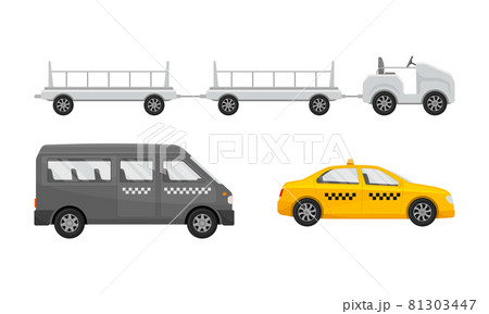 Airport airfield vehicles set. Taxi cars, mobile trolley for transporting baggage vector illustration 81303447