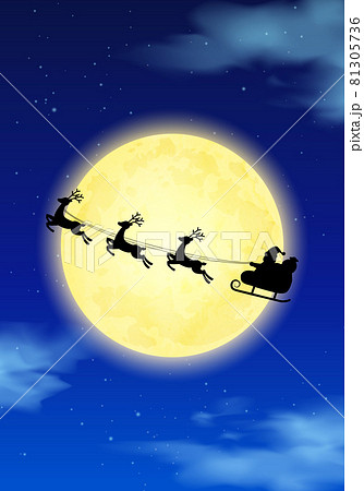 クリスマスの夜空の満月とそりに乗ったサンタクロースの幻想的なベクターイラスト背景のイラスト素材
