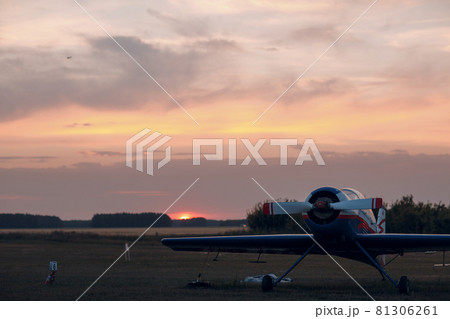 RUSSIA, MOSCOW - AUGUST 1, 2020: Small private single engine propeller airplane at sunset regional airport RUSSIA, MOSCOW - AUGUST 1, 2020: Small private single engine propeller airplane at sunset regional airport 81306261