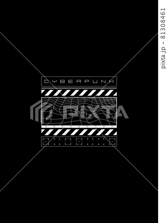 Cyberpunk t-shirt and apparel design with distorted wavy grid and cyberpunk design elements. Black and white print. Vector Cyberpunk t-shirt and apparel design with distorted wavy grid and cyberpunk design elements. Black and white print. Vector 81308461