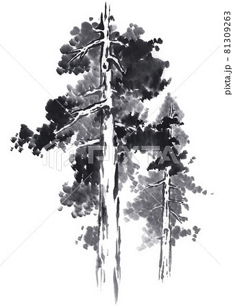 二本の樹木 墨絵イラストのイラスト素材