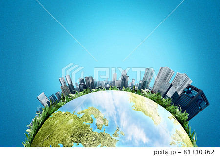 Earth with modern buildings and skyscrapers above it Earth with modern buildings and skyscrapers above it 81310362