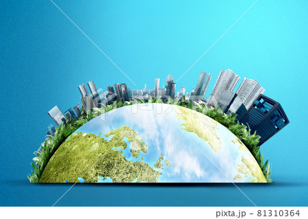 Earth with modern buildings and skyscrapers above it Earth with modern buildings and skyscrapers above it 81310364