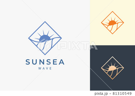 Waterfront or ocean logo in simple rhombus with water wave and sun shape Waterfront or ocean logo in simple rhombus with water wave and sun shape 81310549