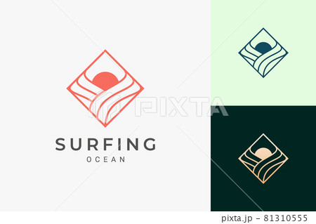Ocean or surf logo in simple rhombus with wave and sun shape 81310555