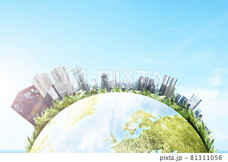 Earth with modern buildings and skyscrapers above it 81311056