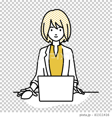 A woman in a jacket sitting at a desk and using a PC A woman in a jacket sitting at a desk and using a PC 81311416