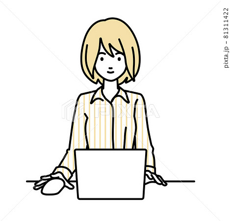 デスクで座ってpcを使っているブラウスの女性のイラスト素材