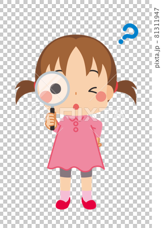 一個可愛的小女孩用放大鏡看她不明白的東西的插圖白色背景剪貼畫 81311947