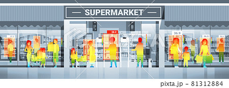 detecting elevated body temperature of people walking in supermarket checking by non-contact thermal ai camera stop coronavirus 81312884