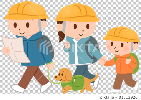 Family evacuating with a dog 81312926