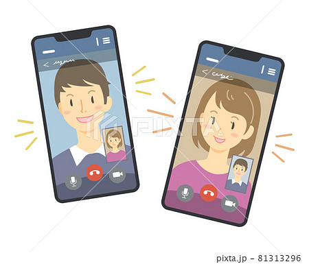 スマートフォンでビデオ通話をする男性と女性のイラスト 81313296