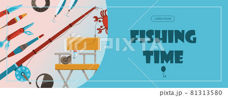 Camping adventure time vector illustration Banner with flat equipment for hiking Cartoon flayer fishing time 81313580